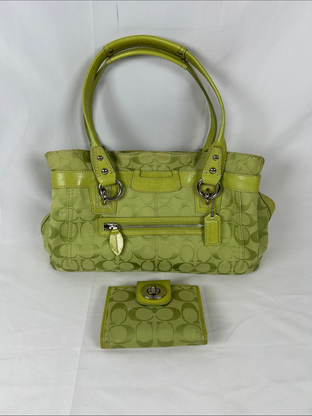 Coach Penelope Lime Green Signature Canvas Shoulder Tote with Matching Wallet